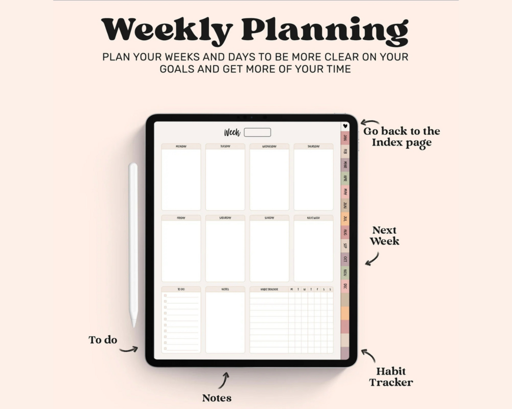 Weekly planning spread with to-do list, notes and habit tracker