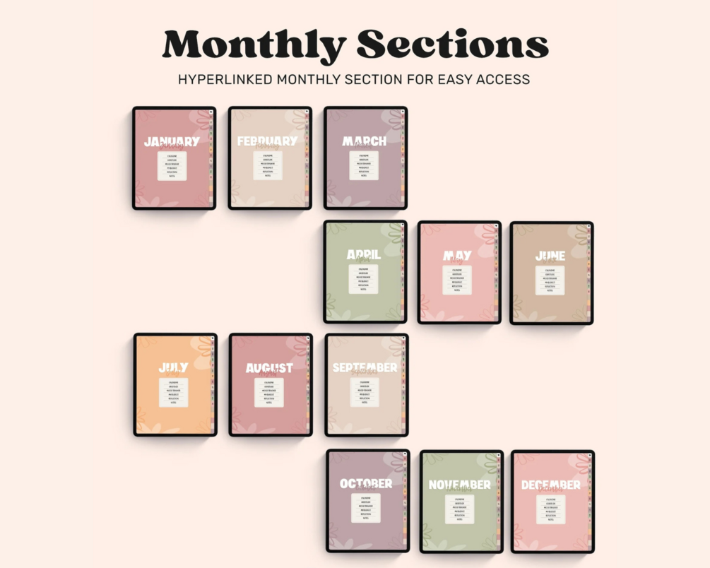 Twelve hyperlinked monthly section covers from January to December