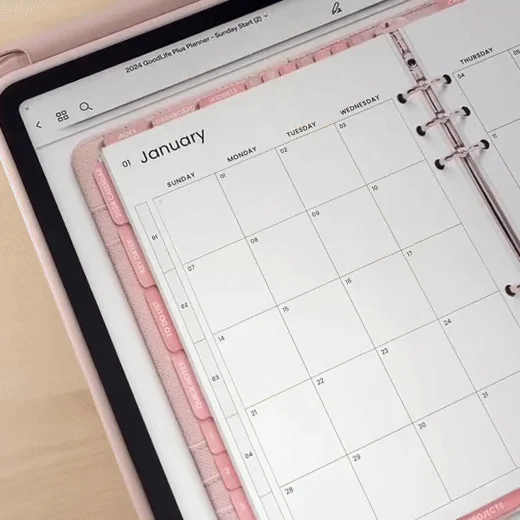 Animation of the digital planner being flipped through on a tablet