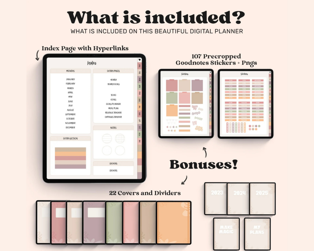 Overview of everything included: hyperlinked index page, sticker sheets, covers and dividers
