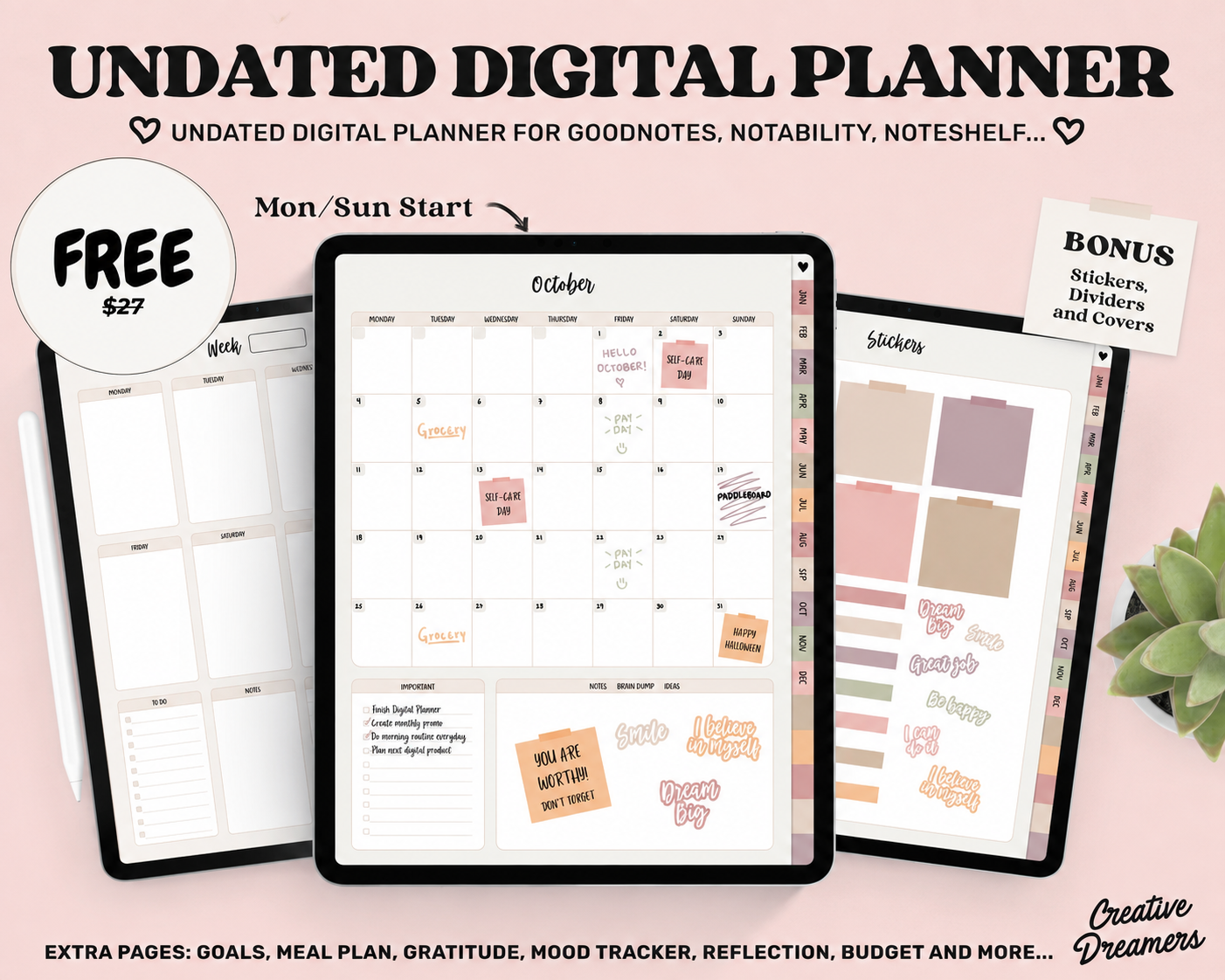 Undated digital planner shown on three tablets with monthly calendar, weekly spread and sticker sheet