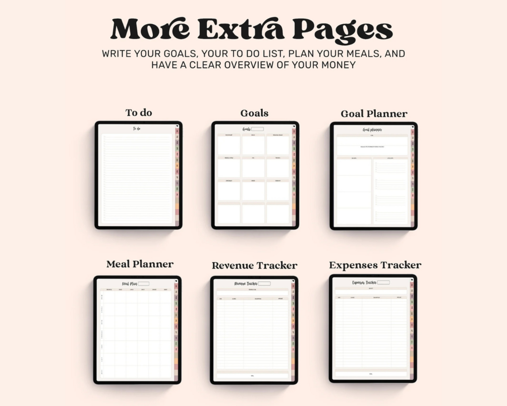 Extra pages: to do, goals, goal planner, meal planner, revenue tracker and expenses tracker