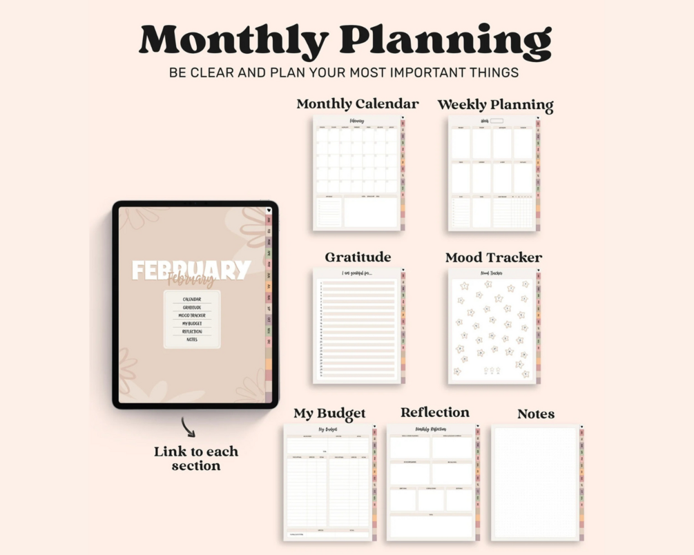 Monthly planning pages: calendar, gratitude, mood tracker, budget, reflection and notes